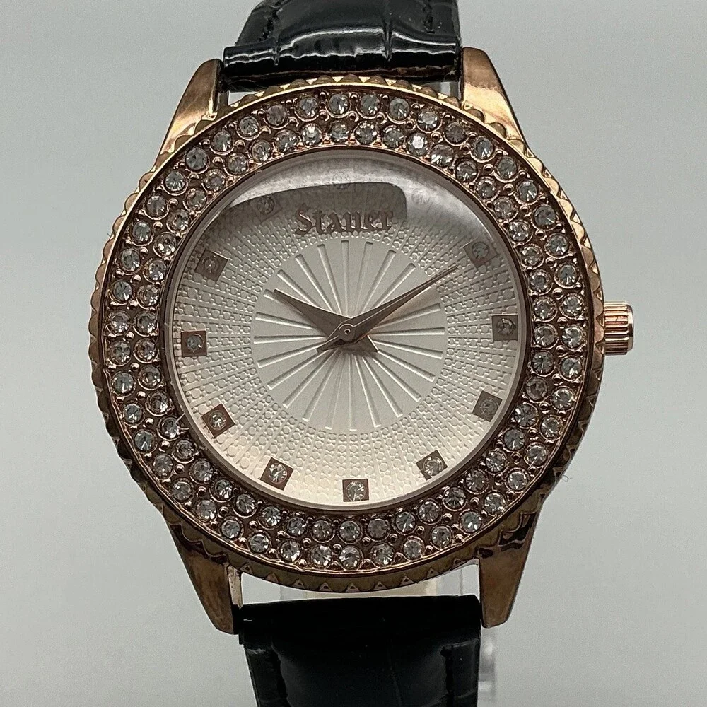 Stauer Womens Watch 38mm Silver Gold Tone Crystals Black Leather Strap